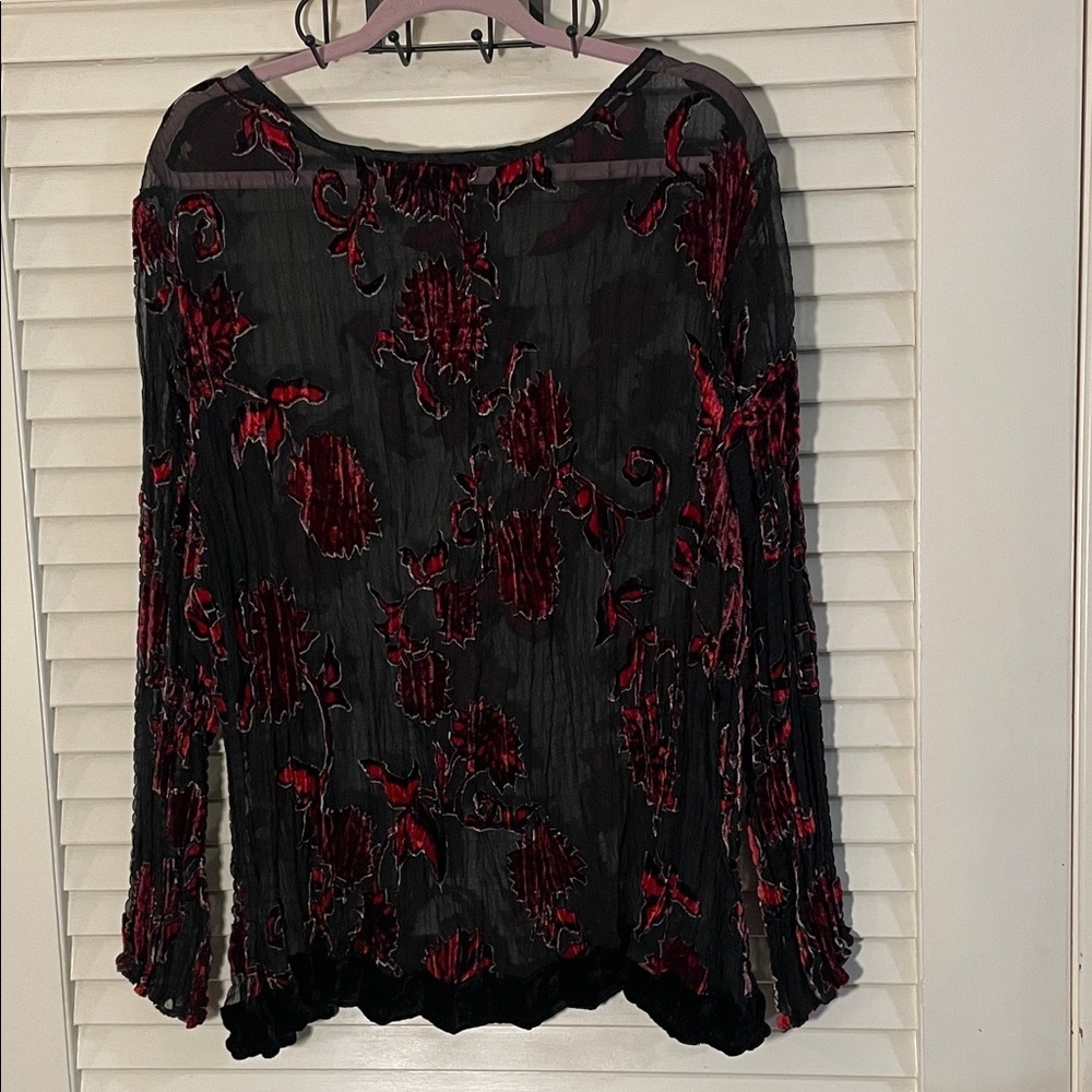 Marks & Spencer Sheer Mesh Black and Red Burnt Velvet Floral Top